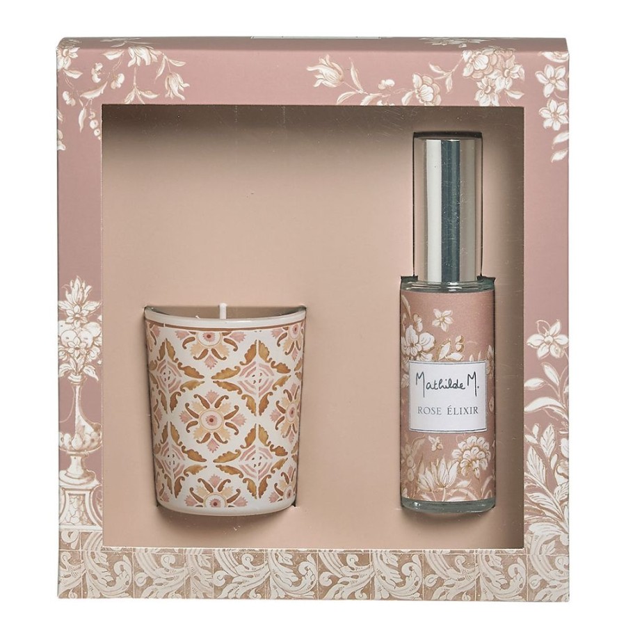 Parfum D'Interieur MATHILDE M Bougies Parfumees | Coffret Bougie Et Spray D'Ambiance Escale A Sintra - Rose Elixir