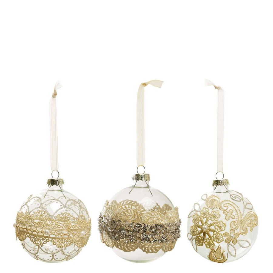 Decoration MATHILDE M Objets Decoratifs | Coffret De 3 Boules Decoratives Dentelle En Verre Dore